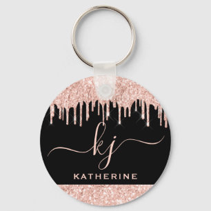 Elegant Blush Rose Gold Glitter Drips 2 Monogram  Key Ring