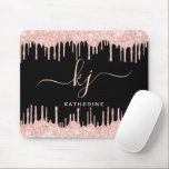 Elegant Blush Rose Gold Glitter Drips 2 Monogram  Mouse Pad<br><div class="desc">Girly, Elegant, Sylish Blush Rose Gold Glitter Drips 2 Monogram Script custom personalised name monogrammed mousepad on black. Featuring a modern luxury faux blush pink rose gold glitter dripping frame, a large double hand lettered monogram script font with swashes (large size initials), and a serif type font name in pink...</div>