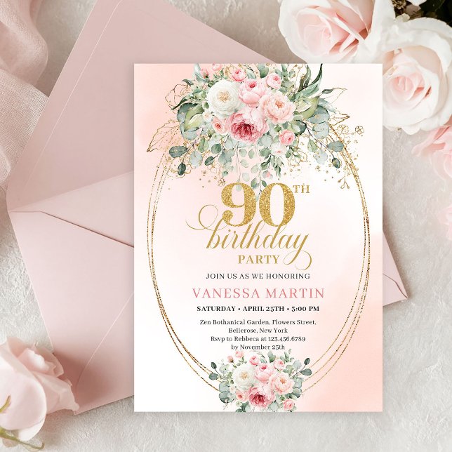 Elegant Blush Rose Greenery Gold 90th Birthday  Invitation (Boho Blush Floral Gold Minimal 90th Birthday Invitation)