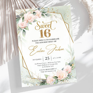 Elegant blush roses and eucalyptus gold glitter invitation
