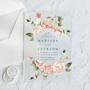 Elegant Blush Roses and Greenery Wedding Acrylic Invitations