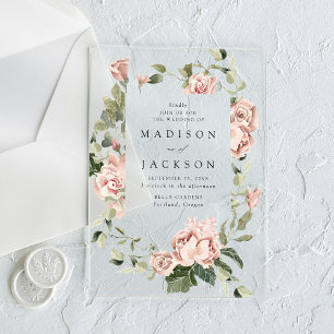 Elegant Blush Roses and Greenery Wedding Acrylic Invitations
