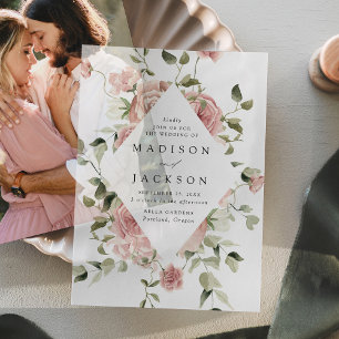 Elegant Blush Roses and Greenery Wedding Vellum Invitations