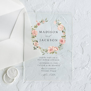 Elegant Blush Roses and Greenery Wreath Wedding Acrylic Invitations