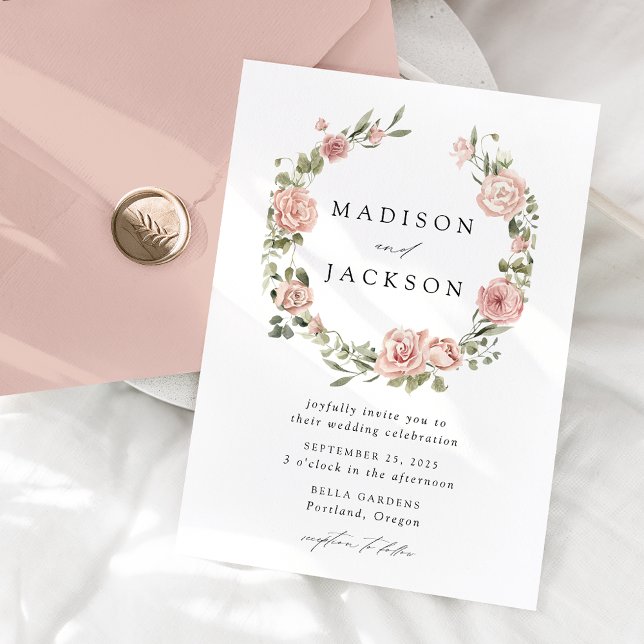 Elegant Blush Roses and Greenery Wreath Wedding Invitation (Creator Uploaded)