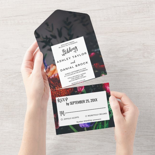 Elegant blush roses blossom red floral wedding all in one invitation (Tearaway)