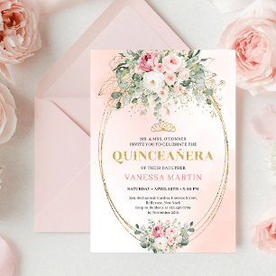 Elegant Blush Roses Boho Quinceañera Gold Invitati Invitation