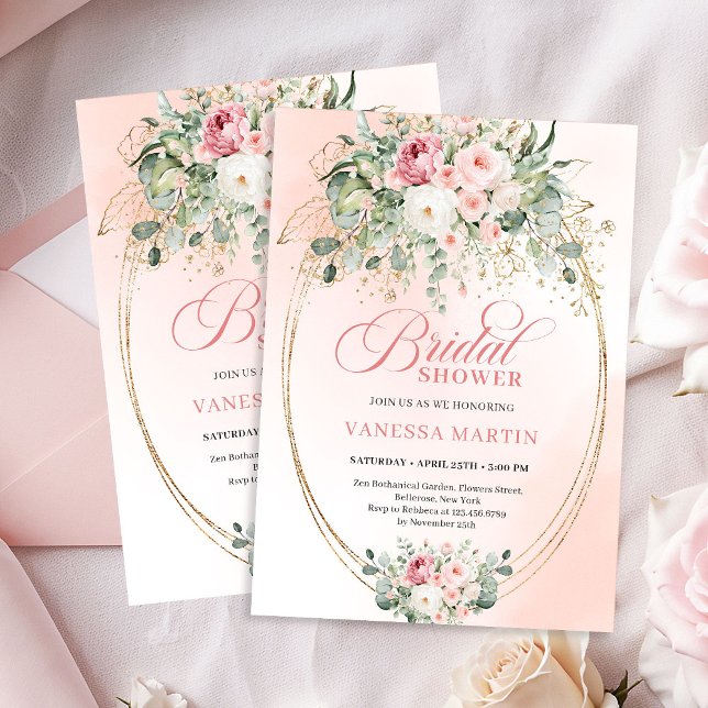Elegant Blush Roses Bridal Shower Gold Invitation (Elegant Blush Roses Bridal Shower Gold Invitation)