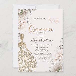 Elegant Blush Roses Glitter Girl Quinceañera  Invitation