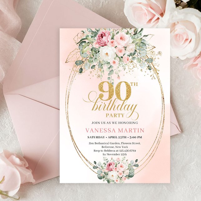 Elegant Blush Roses Gold Boho 90th Birthday Invite (Elegant Blush Roses Gold Boho 90th Birthday Invitation)
