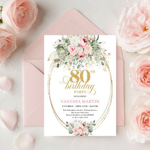 Elegant Blush Roses Greenery Gold Boho 80 Birthday Invitation