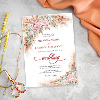 Elegant Blush Roses Pampas Grass Floral Wedding Invitation