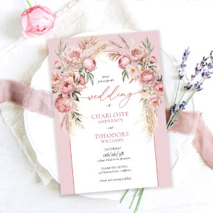 Elegant Blush Roses Pampas Grass Floral Wedding Invitation