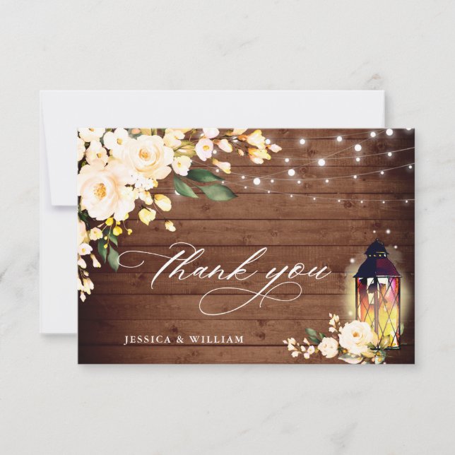 Elegant Blush Roses Rustic Wood Lantern Thank You Card (Front)