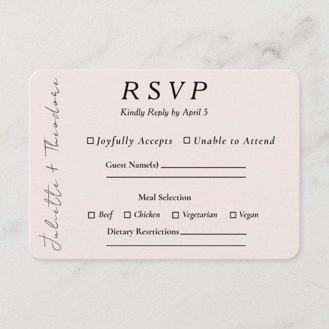 Elegant Blush RSVP with Entree Selection Card (Front)