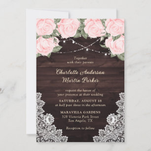 Elegant Blush Rustic Wood Lace Floral Wedding Invitation