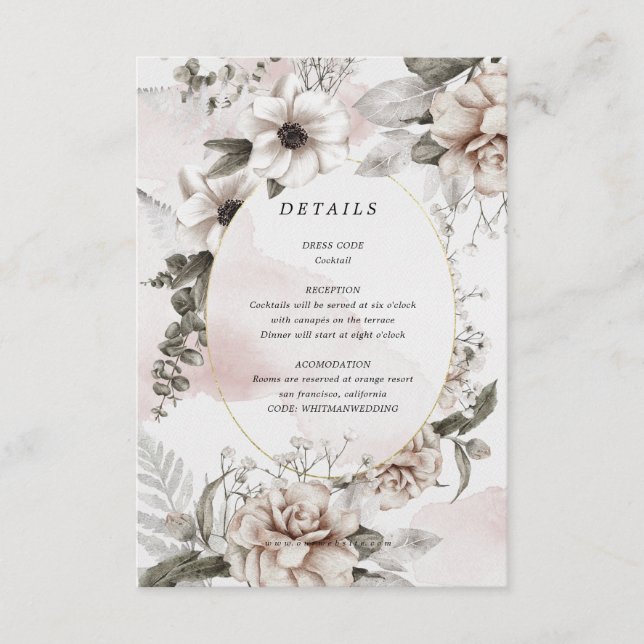elegant blush silver floral reception details card (Front)