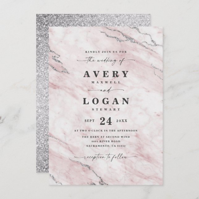 Elegant Blush & Silver Marble & Glitter Wedding Invitation (Front/Back)