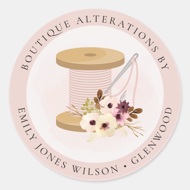 Elegant Blush Spool Needle Watercolor Flora Tailor Classic Round Sticker (Front)