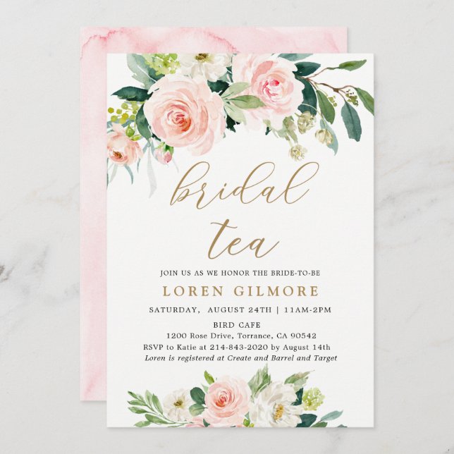 Elegant Blush Watercolor Bridal Tea Party Invitation (Front/Back)