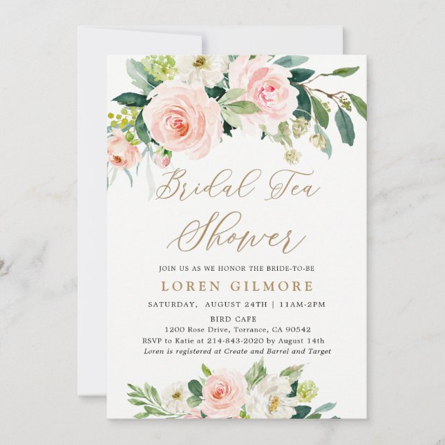 Elegant Blush Watercolor Bridal Tea Shower Invitat Invitation (Front)
