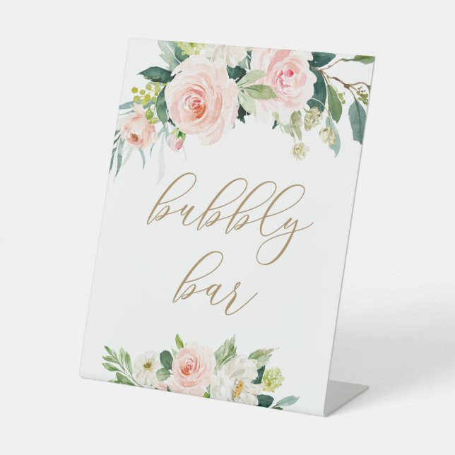 Elegant Blush Watercolor Floral Bubbly Bar Sign (Front)