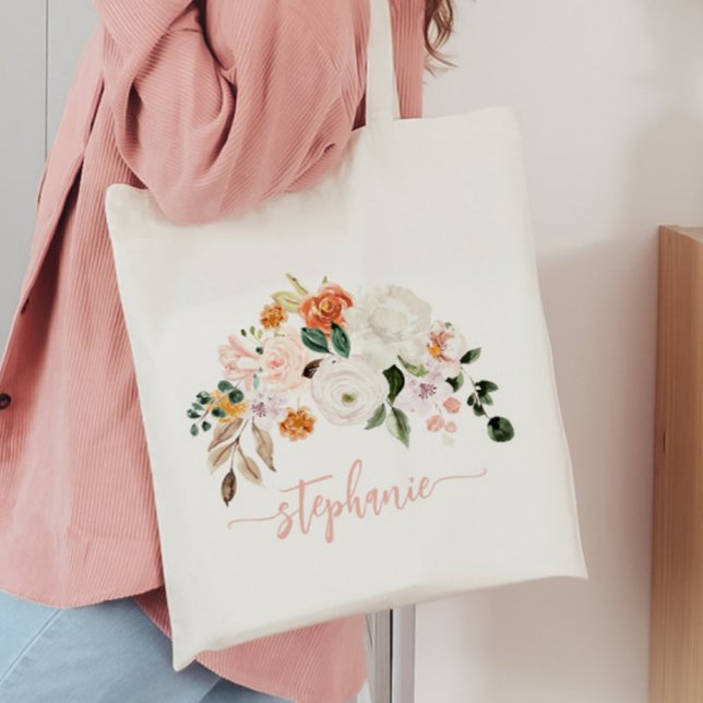 Elegant Blush Watercolor Floral Personalised Name Tote Bag (Creator Uploaded)