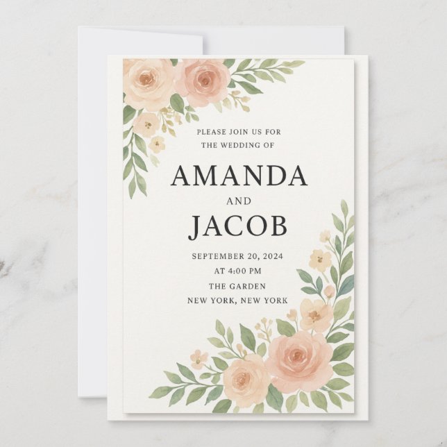 Elegant Blush Watercolor Floral Wedding Invitation (Front)