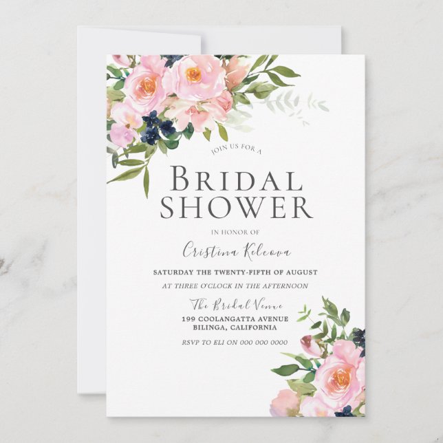 Elegant Blush Watercolor Flowers Bridal Shower Invitation (Front)