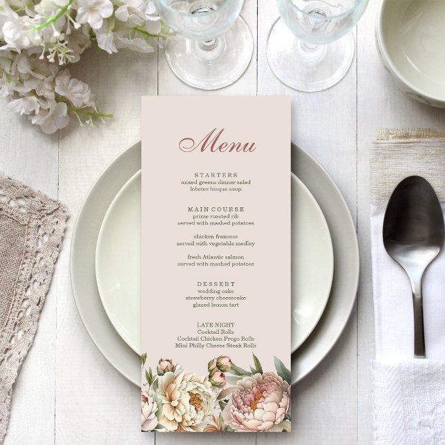 Elegant Blush Watercolor Peonies Menu Card (Elegant Blush Watercolor Peonies Menu Card on a light wedding dinner table.)