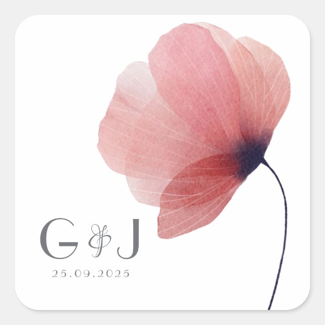 Elegant Blush Watercolor Poppy Monogram Square Sti Sticker (Front)