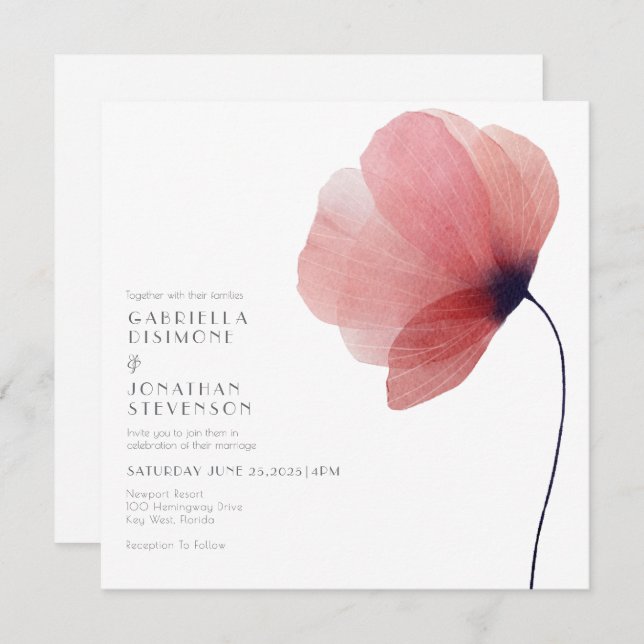 Elegant  Blush Watercolor Poppy Wedding  Invitation (Front/Back)