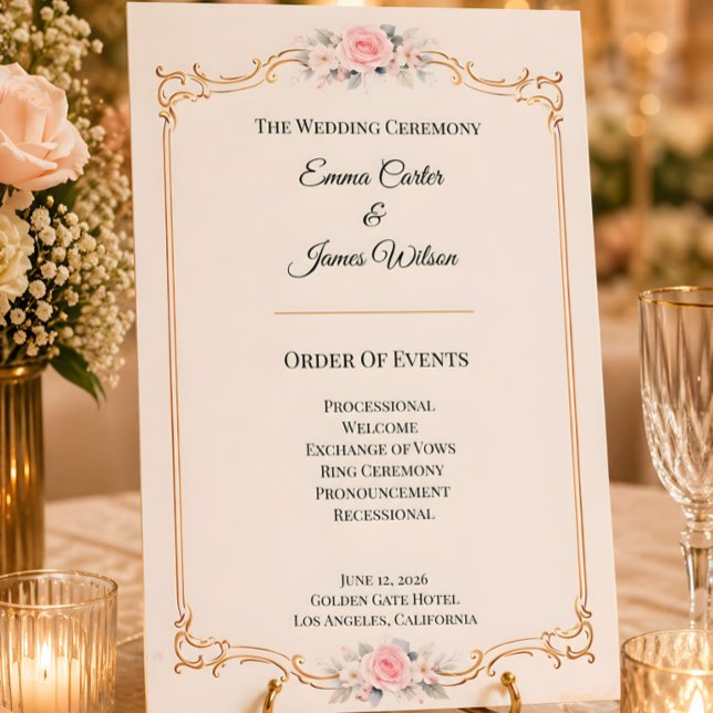 Elegant Blush Wedding Ceremony Program Invitation (Rococo themed wedding order of events card)