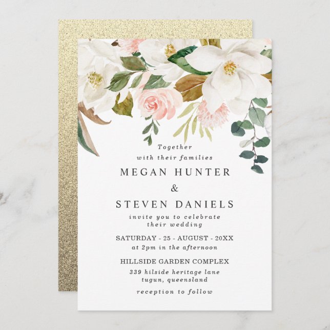 Elegant Blush & White Florals Modern Wedding Invitation (Front/Back)
