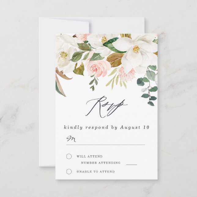 Elegant Blush & White Florals Modern Wedding RSVP Card (Front)