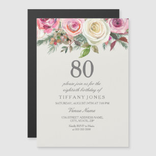 Elegant Blush & White Roses 80th Birthday Party Magnetic Invitation