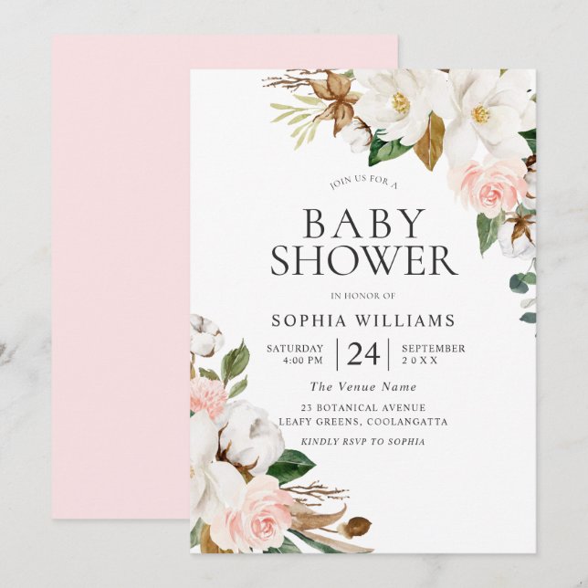 Elegant Blush White Watercolor Flowers Baby Shower Invitation (Front/Back)