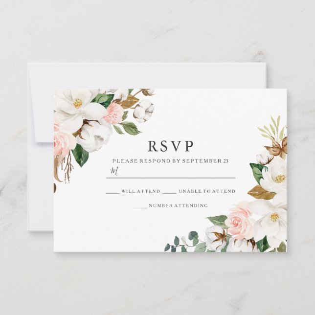 Elegant Blush & White Watercolor Flowers Wedding RSVP Card (Front)