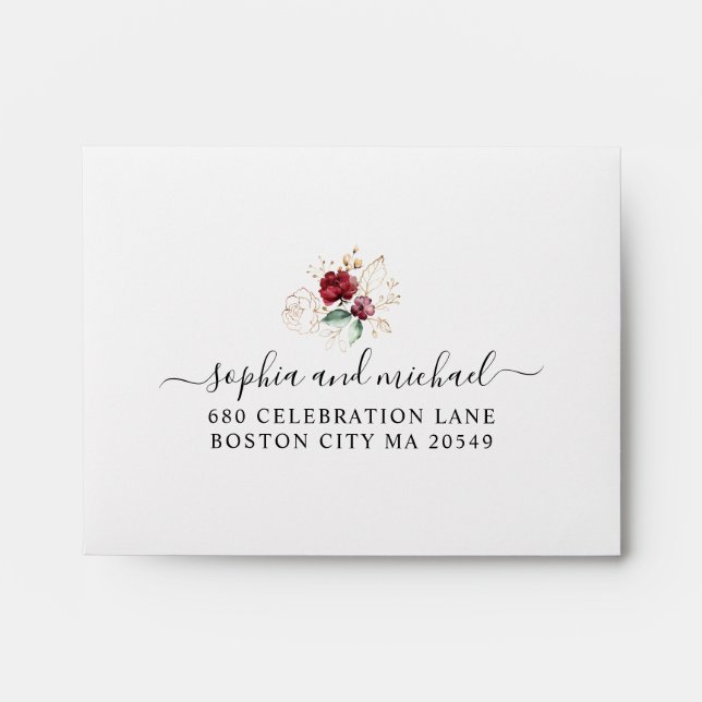 Elegant Blush Wine Floral Gold Wedding Envelope (Front)