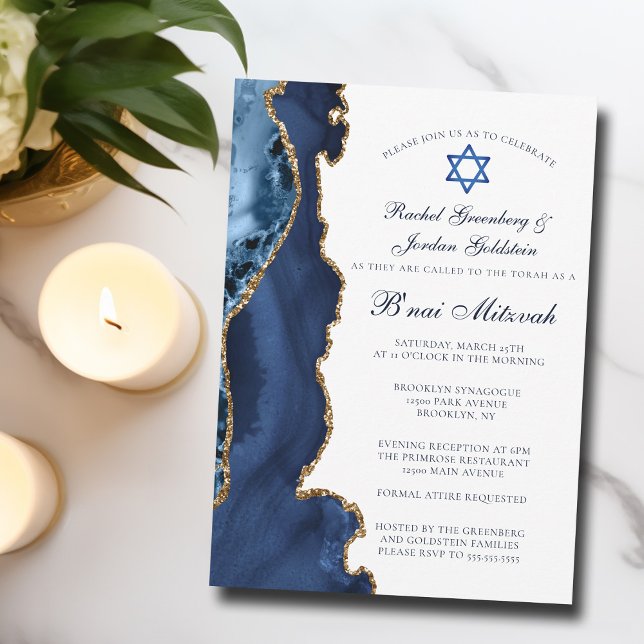 Elegant B'nai Mitzvah Navy Blue Gold Agate Party Invitation (Creator Uploaded)