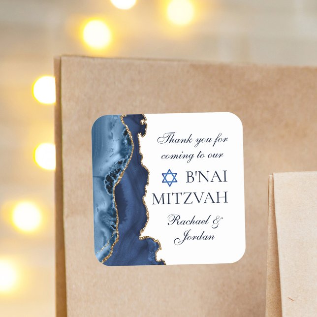 Elegant B'nai Mitzvah Navy Blue Gold Agate Party Square Sticker (Creator Uploaded)