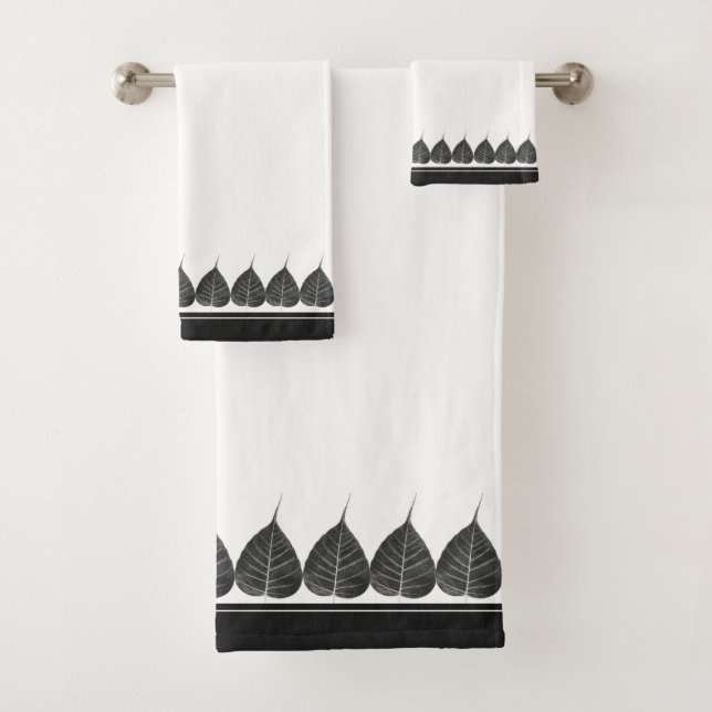 Elegant Bodhi Leaves on Black and White Shades Bath Towel Set (Insitu)