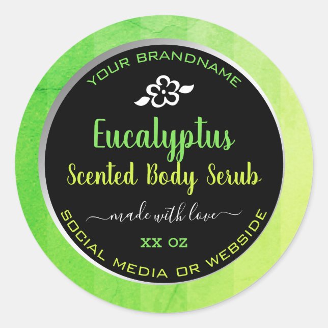 Elegant Body Serub Product Packaging Green Black Classic Round Sticker (Front)