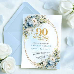 Elegant Bohemian Blue White Floral Gold 90th Bday Invitation