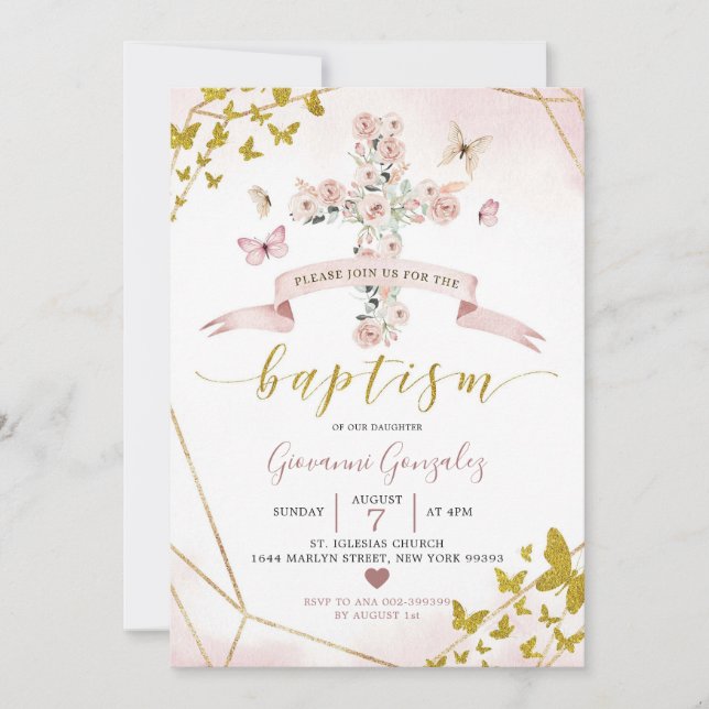 Elegant Bohemian Blush and Gold Butterfly Baptism Invitation (Front)