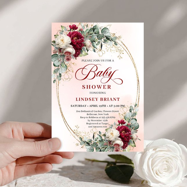 Elegant Bohemian Burgundy Eucalyptus Baby Shower Invitation (Elegant Bohemian Burgundy Eucalyptus Baby Shower)