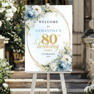 Elegant Bohemian dusty blue floral 80th birthday  Poster