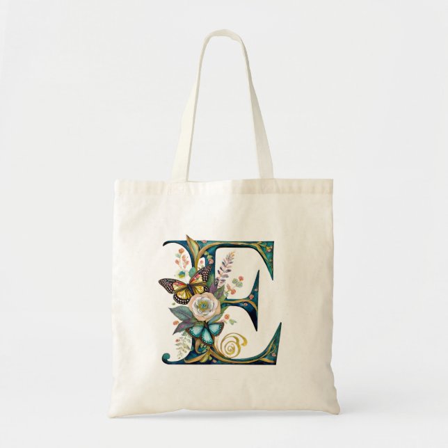 Elegant bohemian floral letter E Tote Bag (Front)
