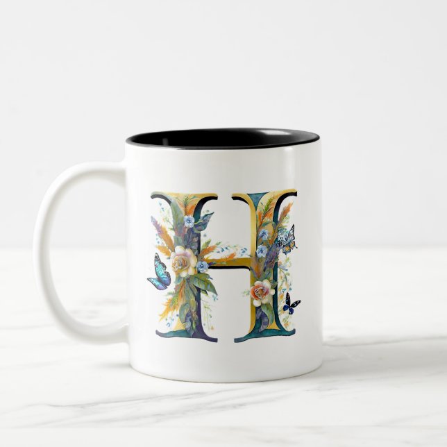Elegant bohemian floral letter H Two-Tone Coffee Mug (Left)