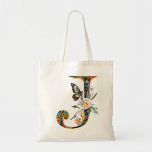 Elegant bohemian floral letter J Tote Bag